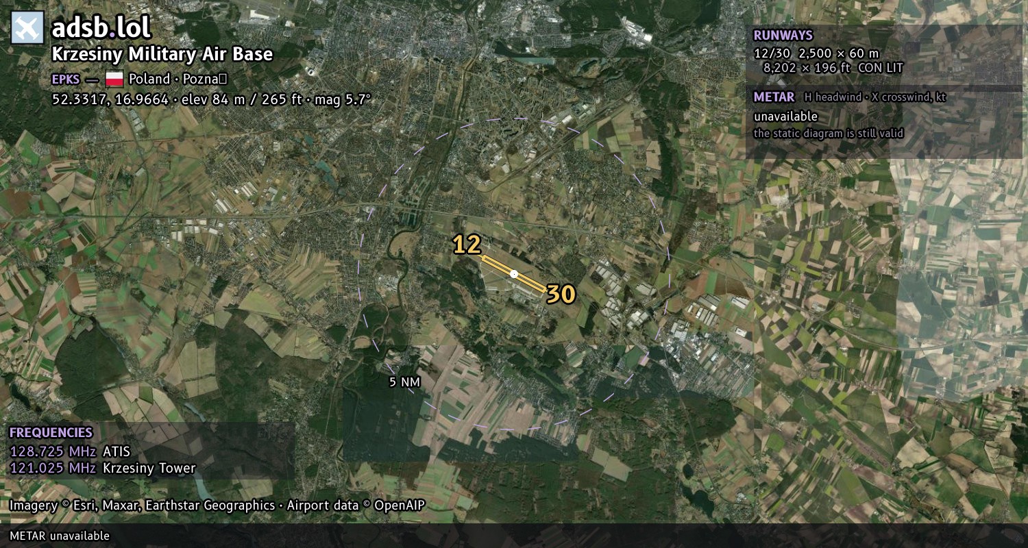 Satellite map with the runway layout of Krzesiny Military Air Base (EPKS)