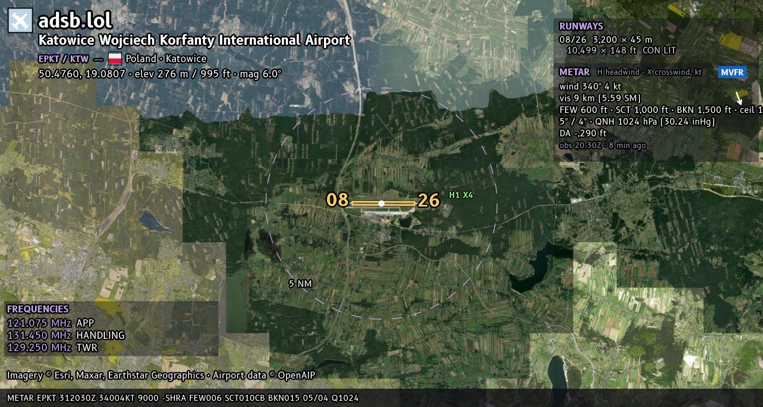 Satellite map with the runway layout of Katowice Wojciech Korfanty International Airport (EPKT)