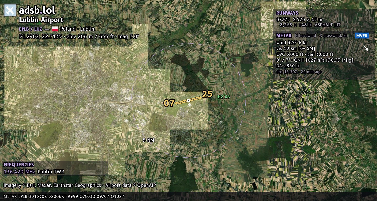 Satellite map with the runway layout of Lublin Airport (EPLB)