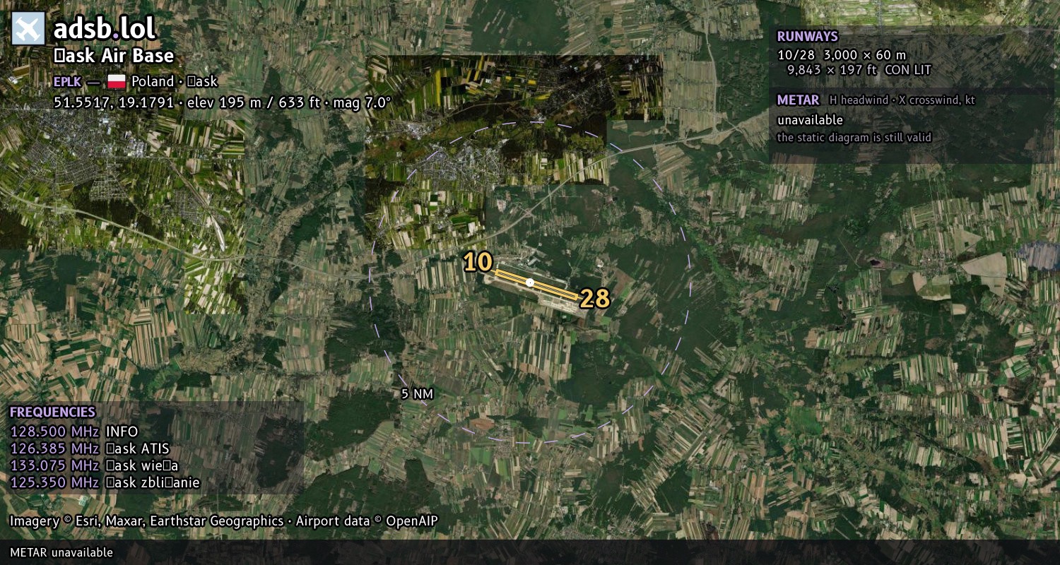 Satellite map with the runway layout of Łask Air Base (EPLK)