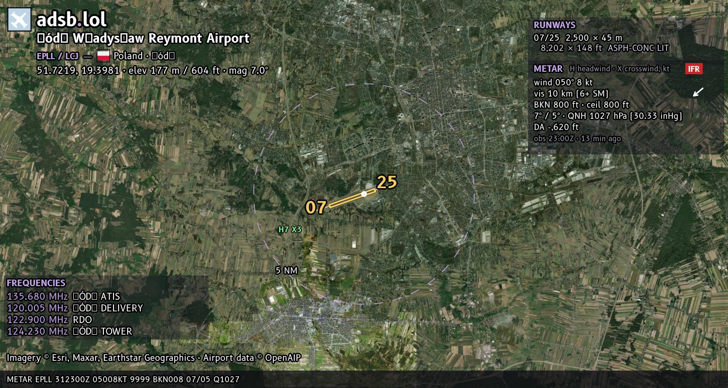 Satellite map with the runway layout of Łódź Władysław Reymont Airport (EPLL)