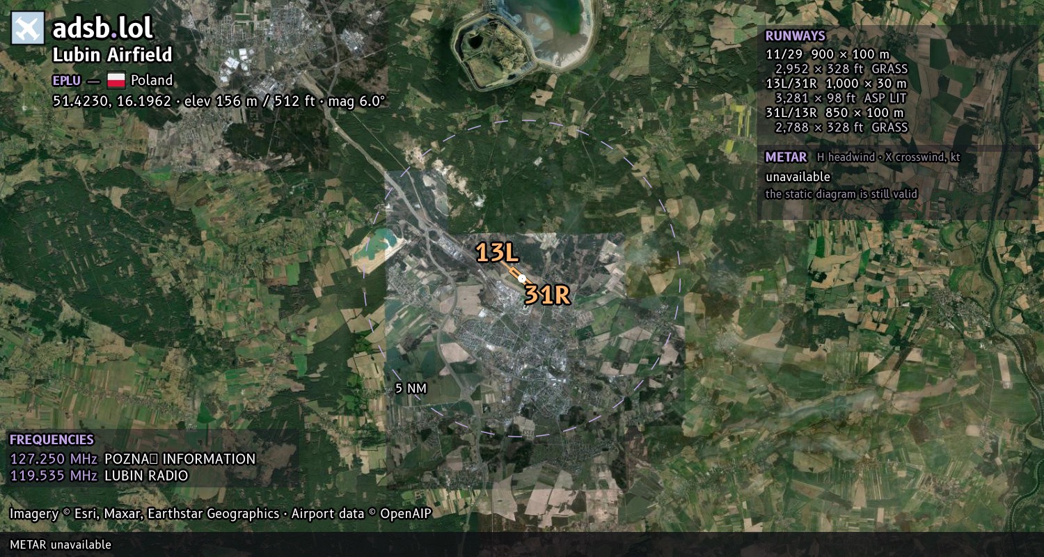 Satellite map with the runway layout of Lubin Airfield (EPLU)
