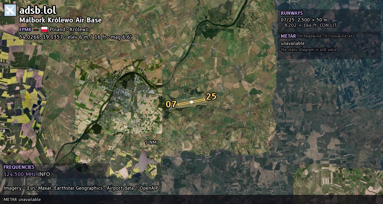 Satellite map with the runway layout of Malbork Królewo Air Base (EPMB)