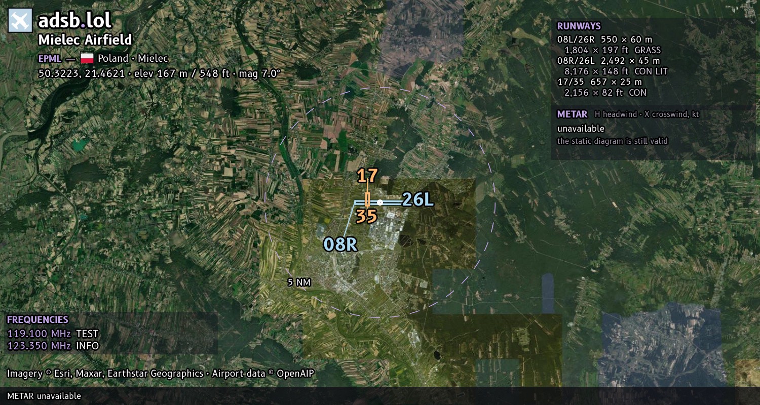 Satellite map with the runway layout of Mielec Airfield (EPML)
