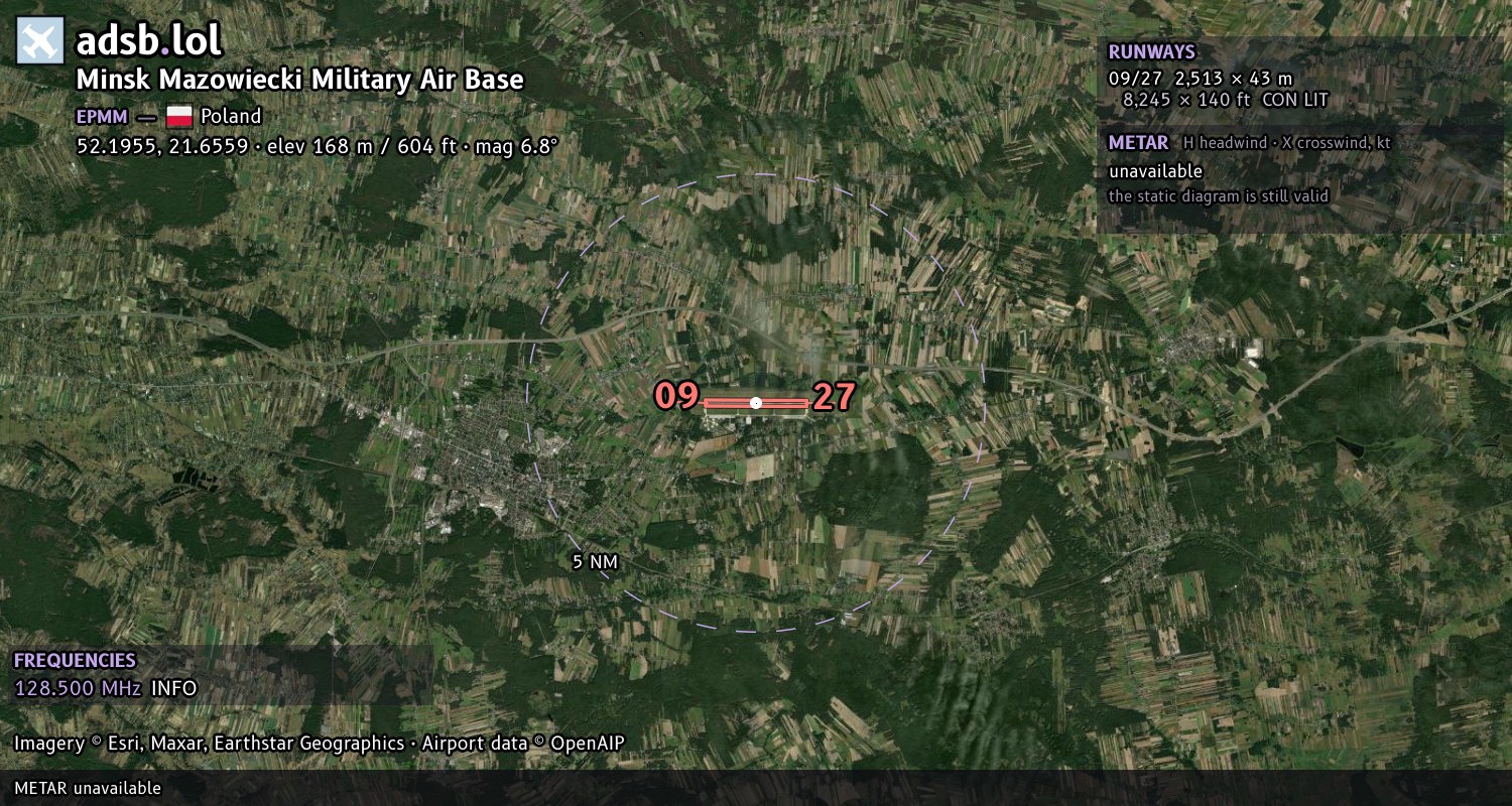Satellite map with the runway layout of Minsk Mazowiecki Military Air Base (EPMM)