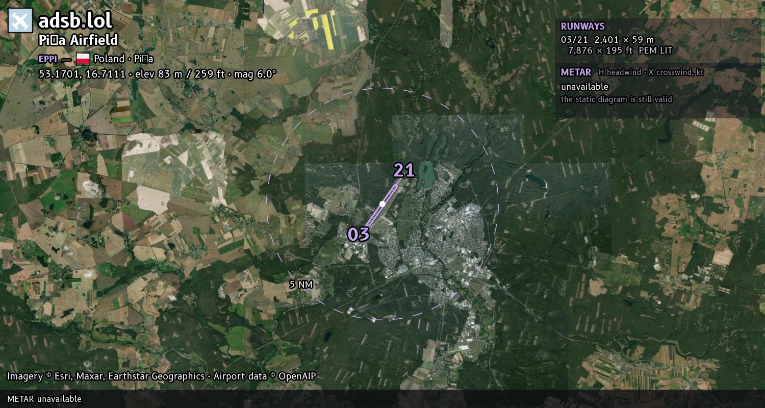 Satellite map with the runway layout of Piła Airfield (EPPI)