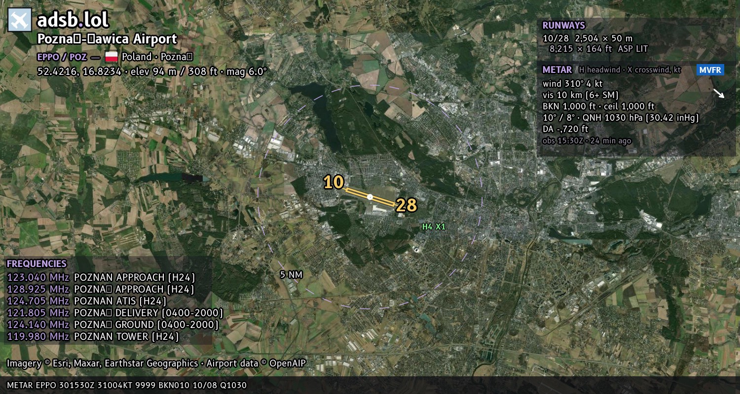 Satellite map with the runway layout of Poznań-Ławica Airport (EPPO)