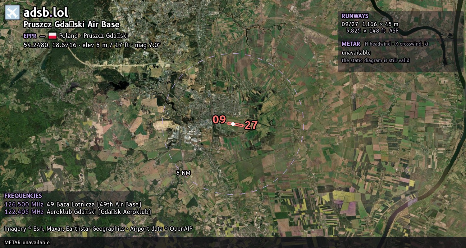 Satellite map with the runway layout of Pruszcz Gdański Air Base (EPPR)