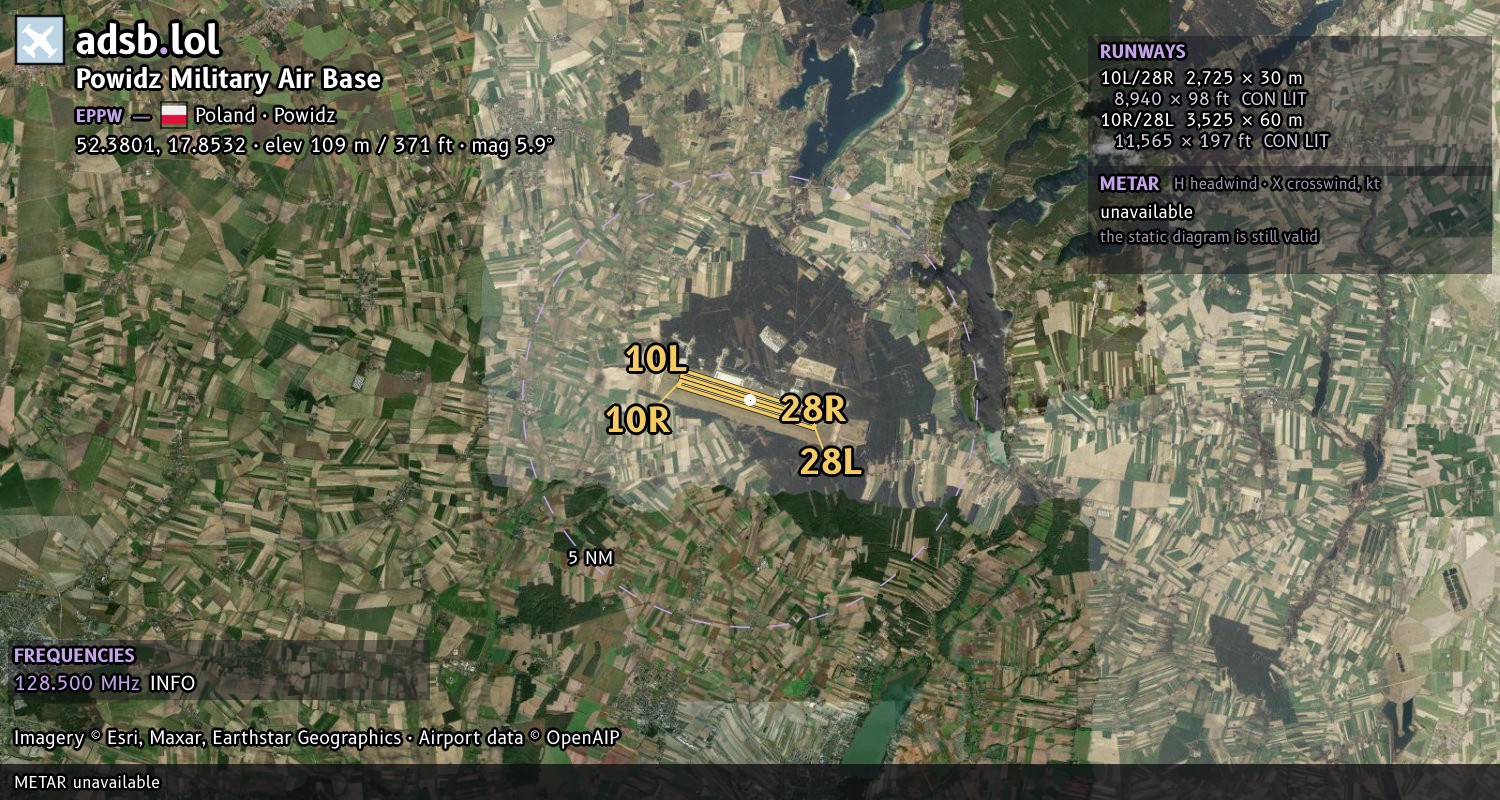 Satellite map with the runway layout of Powidz Military Air Base (EPPW)
