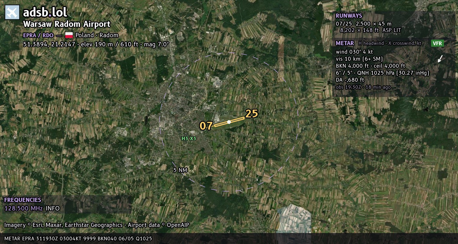 Satellite map with the runway layout of Warsaw Radom Airport (EPRA)