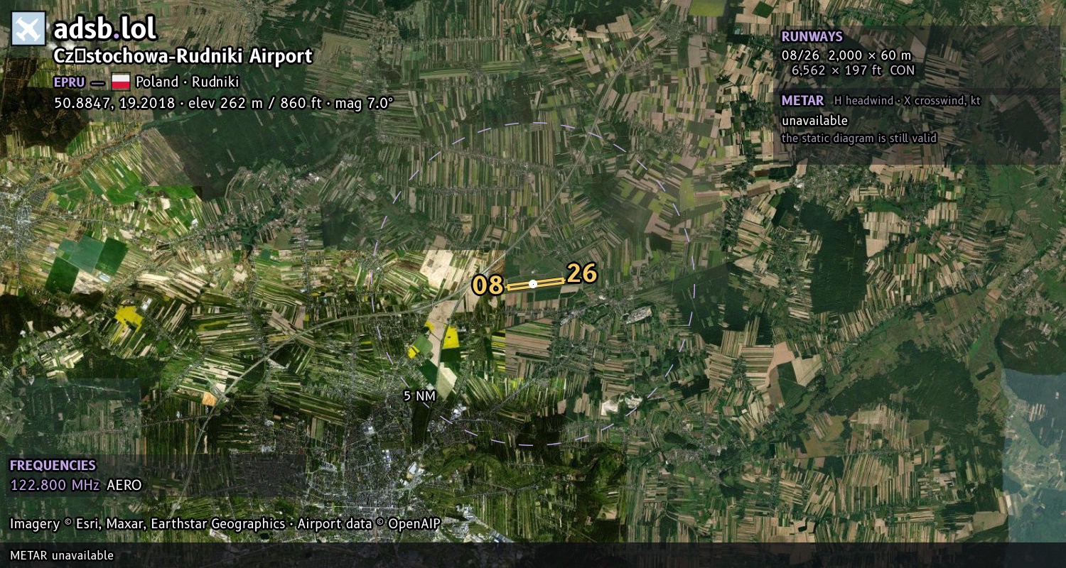 Satellite map with the runway layout of Częstochowa-Rudniki Airport (EPRU)