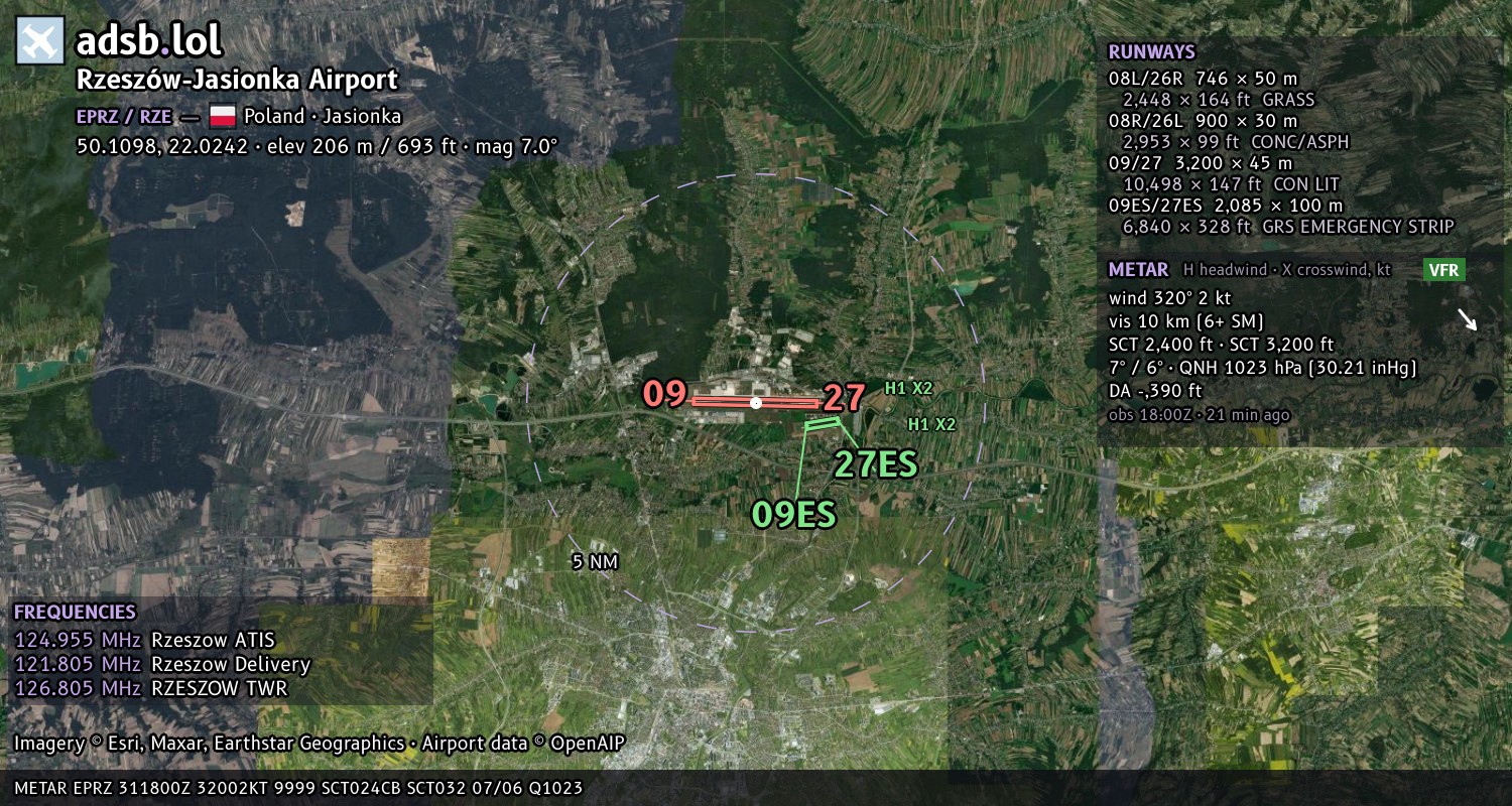 Satellite map with the runway layout of Rzeszów-Jasionka Airport (EPRZ)