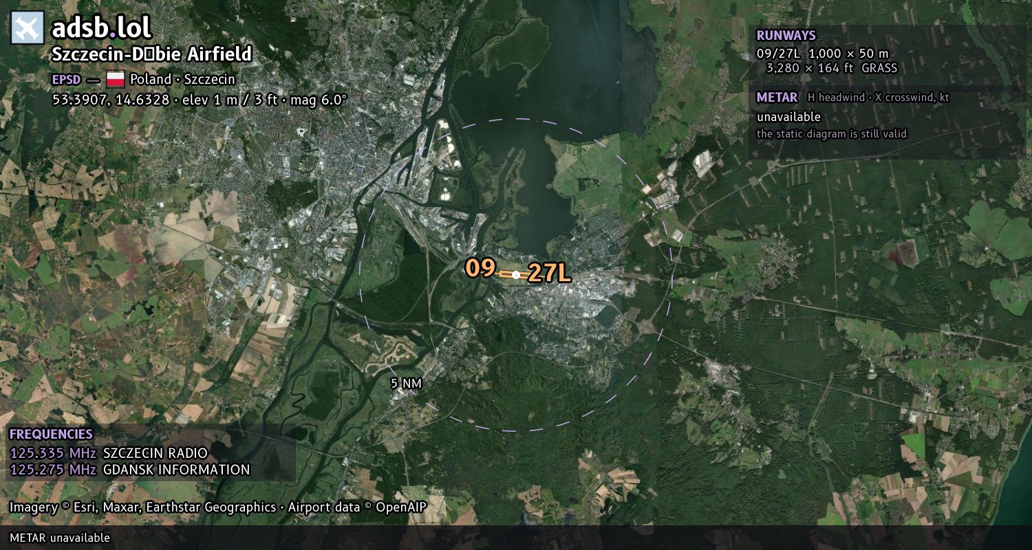 Satellite map with the runway layout of Szczecin-Dąbie Airfield (EPSD)