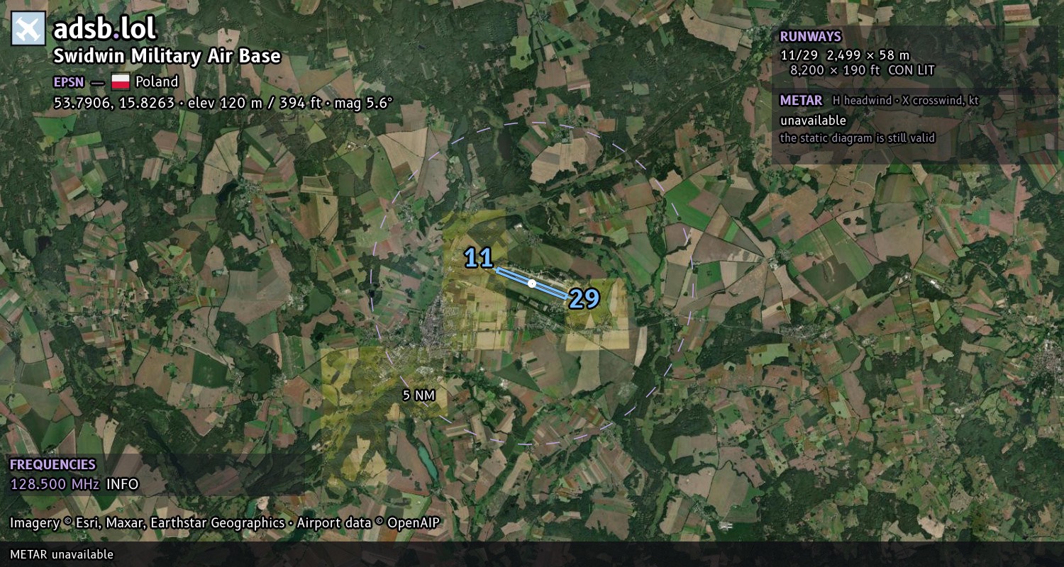 Satellite map with the runway layout of Swidwin Military Air Base (EPSN)