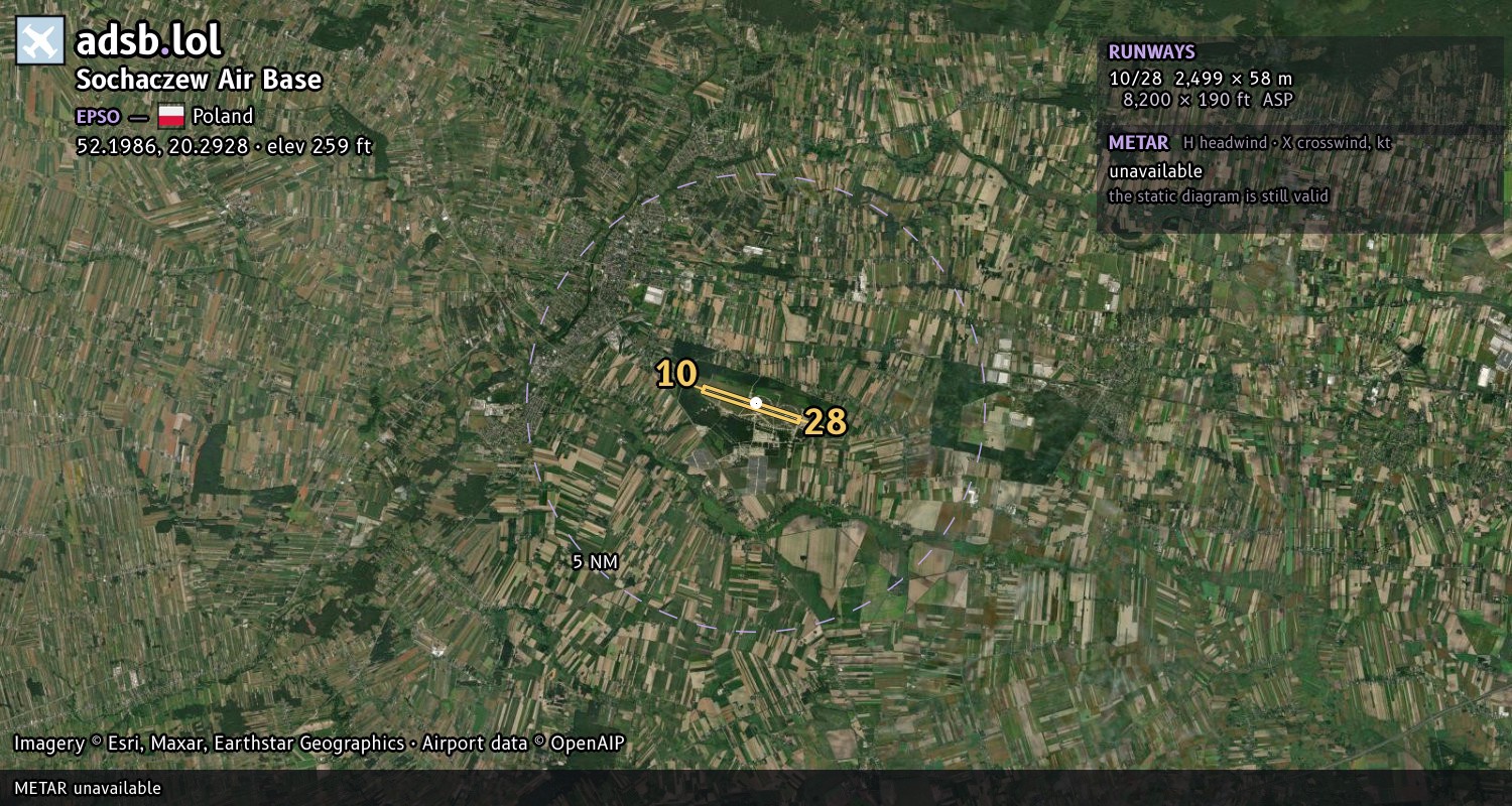 Satellite map with the runway layout of Sochaczew Air Base (EPSO)