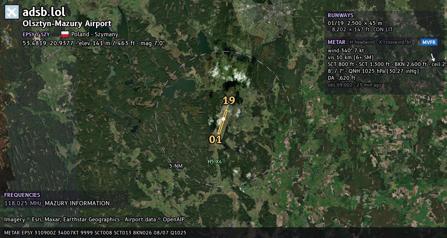 Satellite map with the runway layout of Olsztyn-Mazury Airport (EPSY)