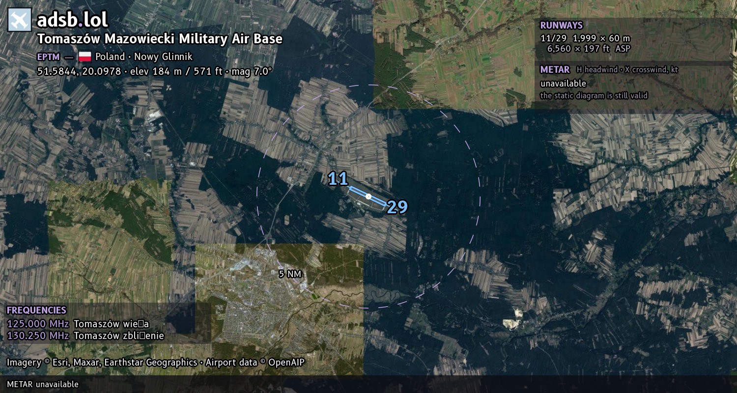 Satellite map with the runway layout of Tomaszów Mazowiecki Military Air Base (EPTM)