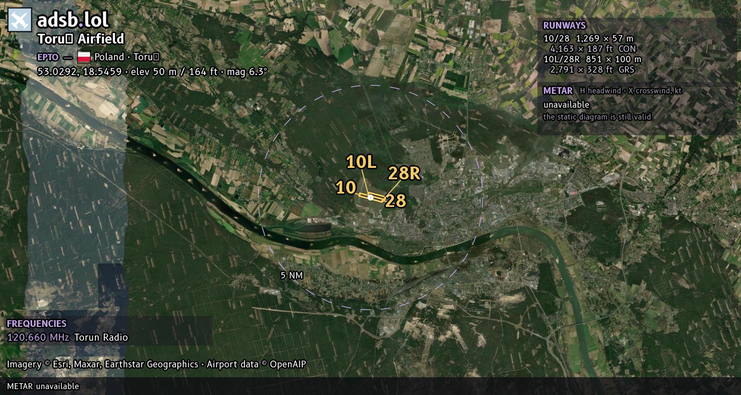 Satellite map with the runway layout of Toruń Airfield (EPTO)