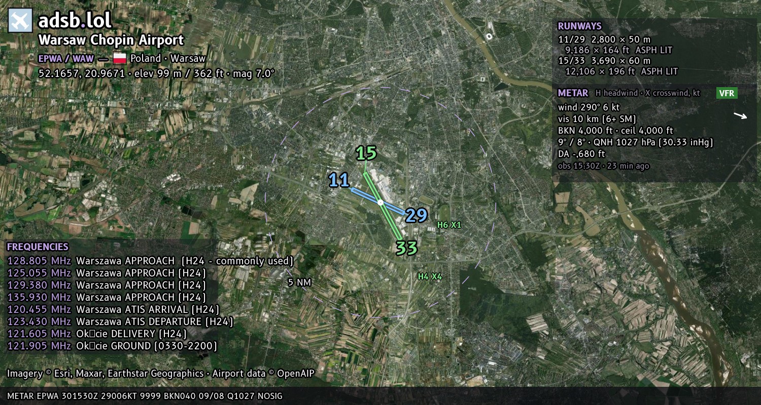 Satellite map with the runway layout of Warsaw Chopin Airport (EPWA)