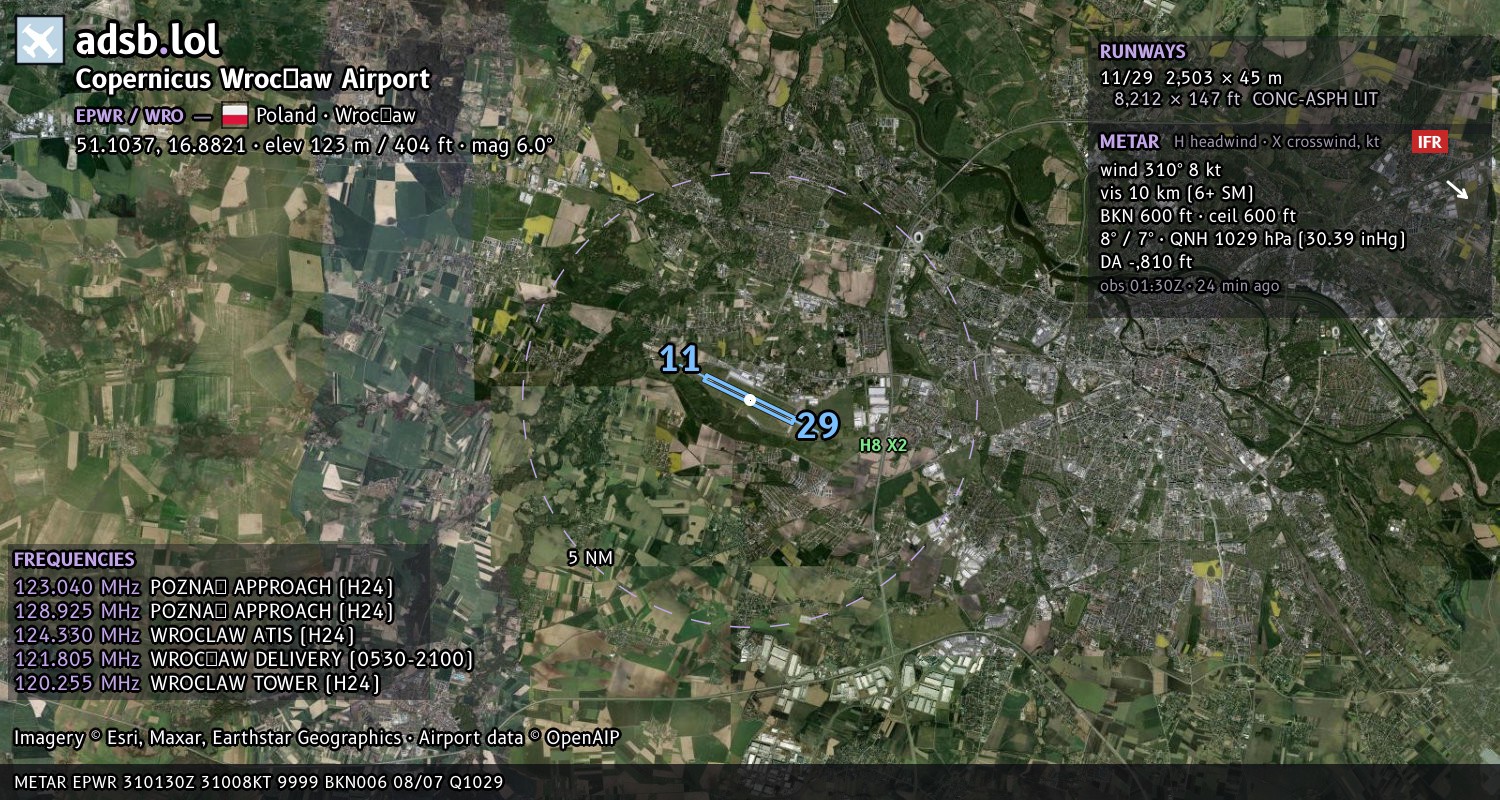 Satellite map with the runway layout of Copernicus Wrocław Airport (EPWR)