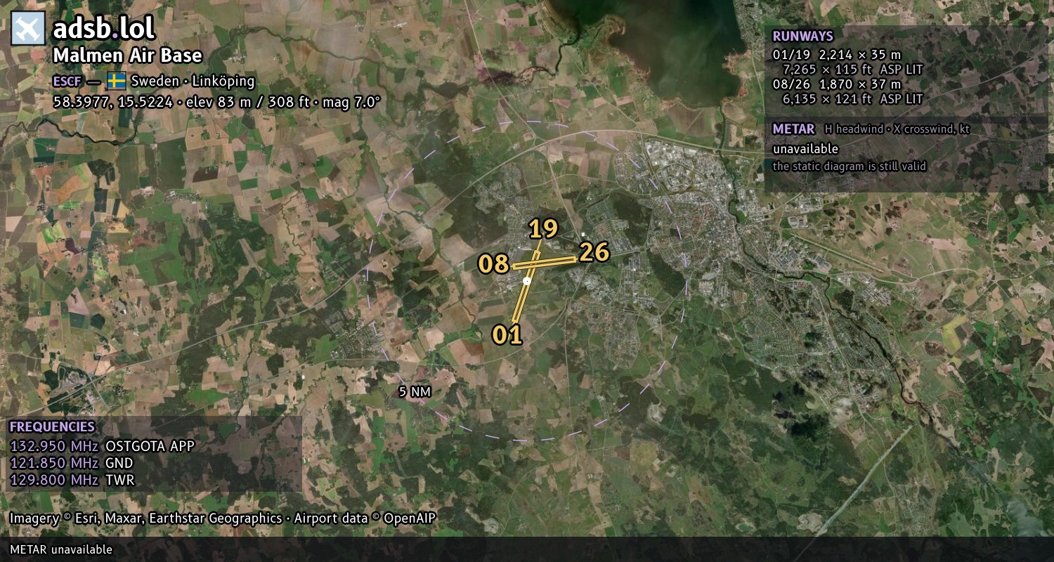 Satellite map with the runway layout of Malmen Air Base (ESCF)
