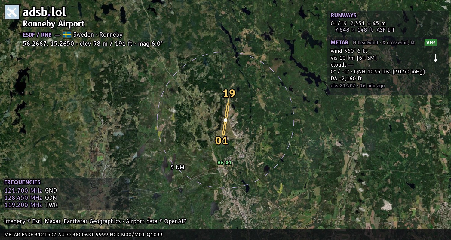 Satellite map with the runway layout of Ronneby Airport (ESDF)