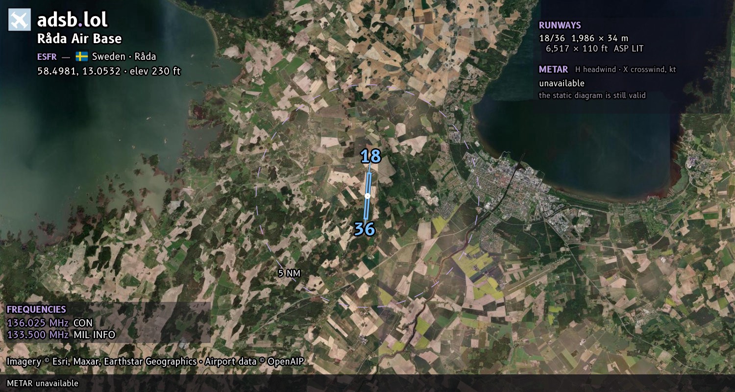 Satellite map with the runway layout of Råda Air Base (ESFR)