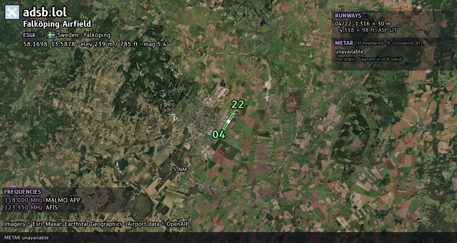 Satellite map with the runway layout of Falköping Airfield (ESGK)