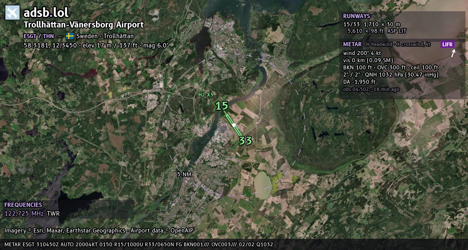 Satellite map with the runway layout of Trollhättan-Vänersborg Airport (ESGT)
