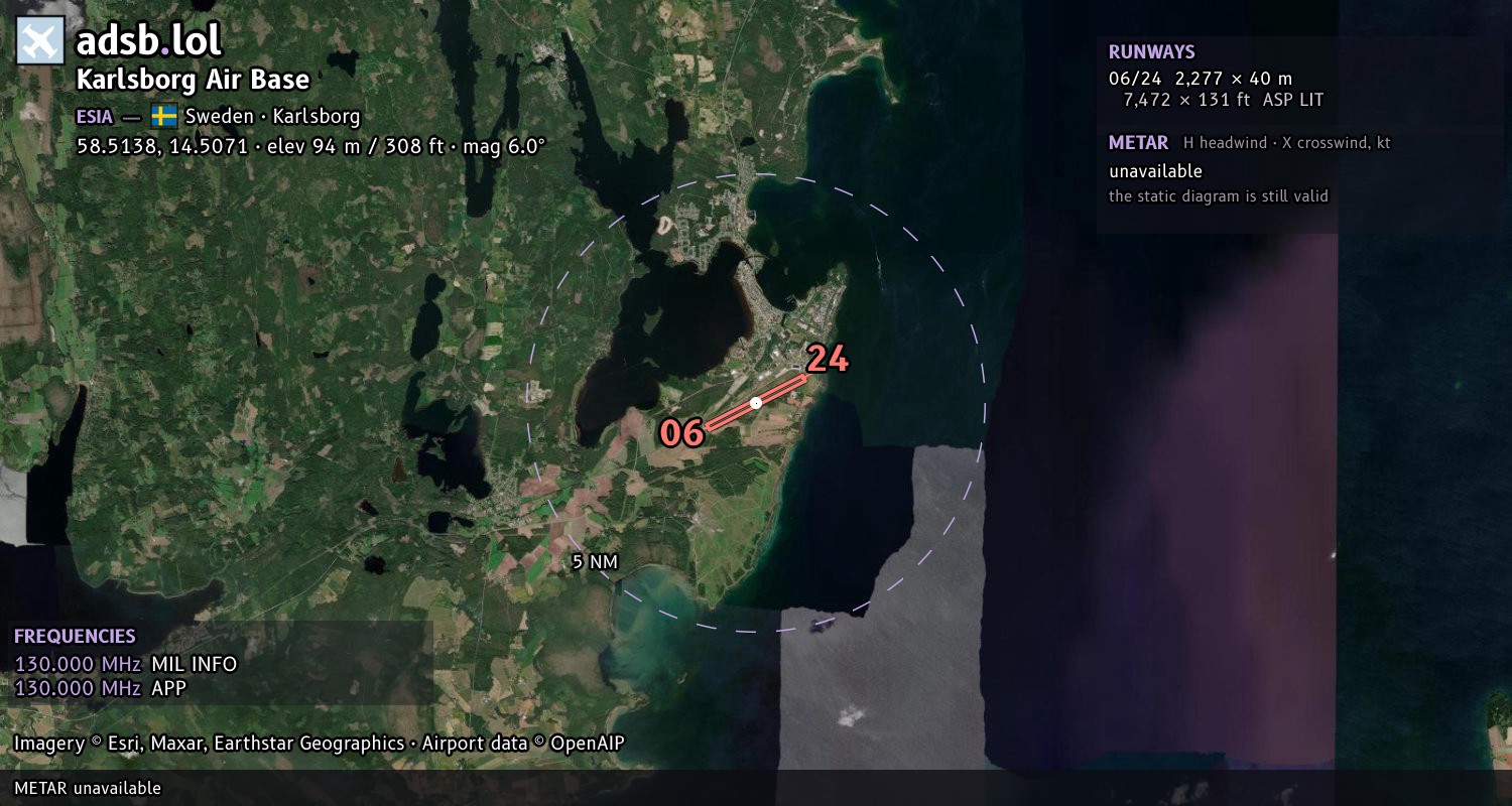 Satellite map with the runway layout of Karlsborg Air Base (ESIA)