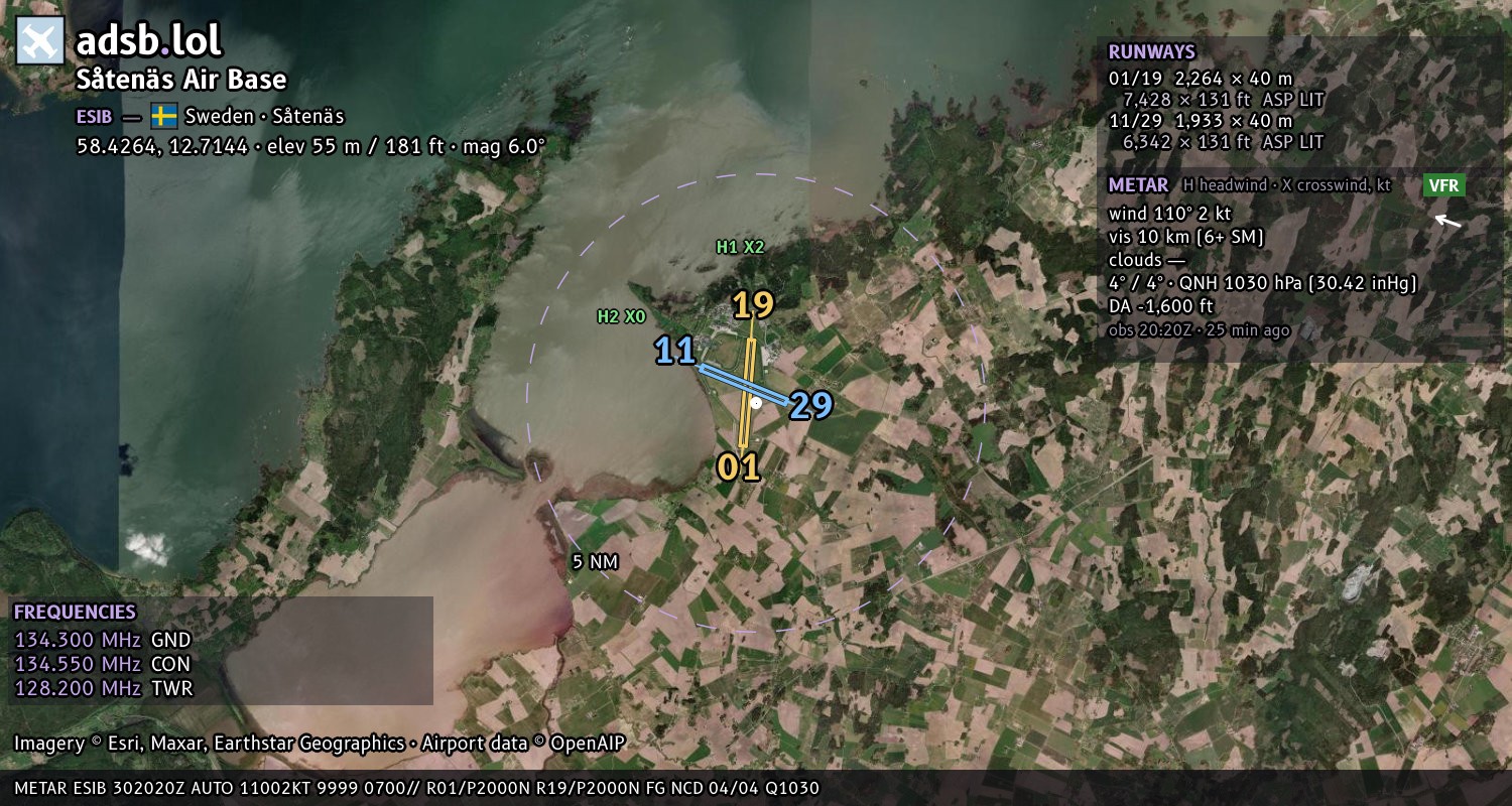 Satellite map with the runway layout of Såtenäs Air Base (ESIB)