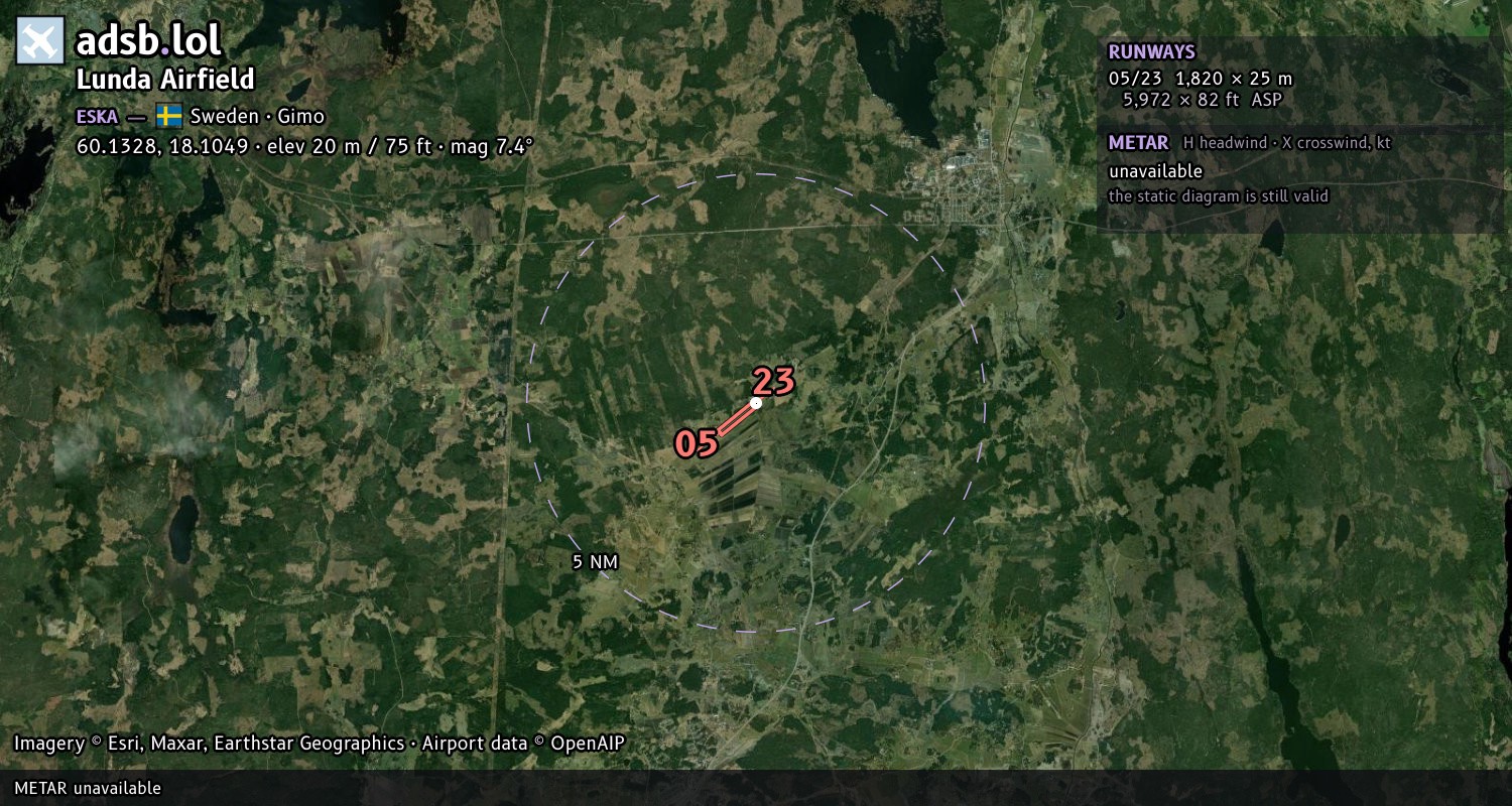 Satellite map with the runway layout of Lunda Airfield (ESKA)