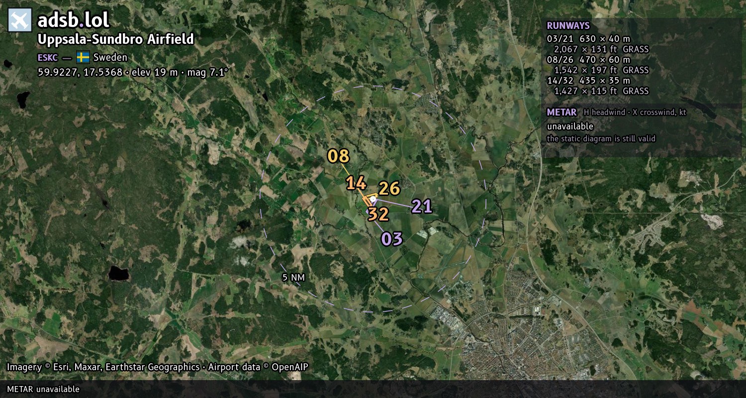 Satellite map with the runway layout of Uppsala-Sundbro Airfield (ESKC)