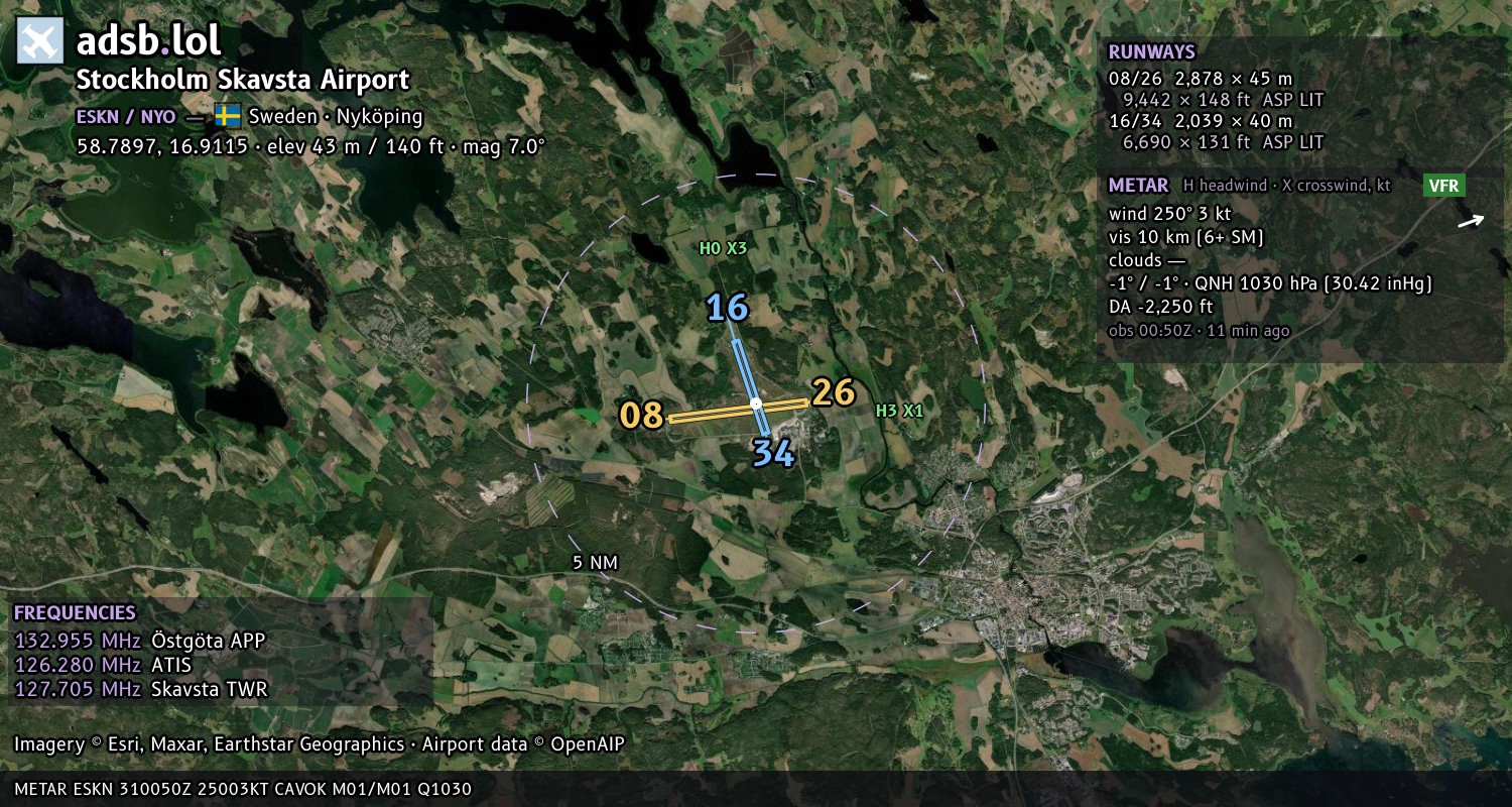 Satellite map with the runway layout of Stockholm Skavsta Airport (ESKN)