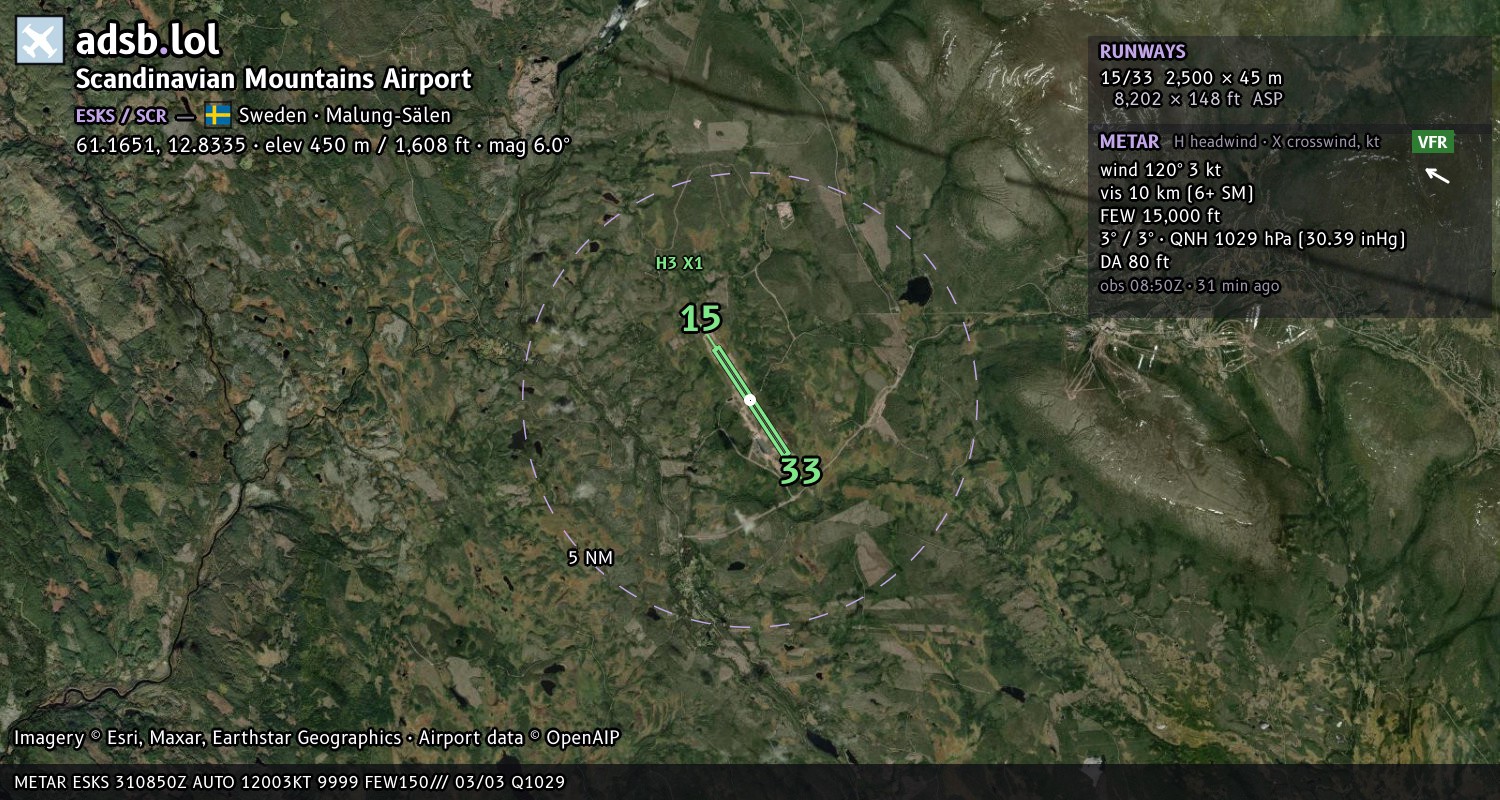 Satellite map with the runway layout of Scandinavian Mountains Airport (ESKS)