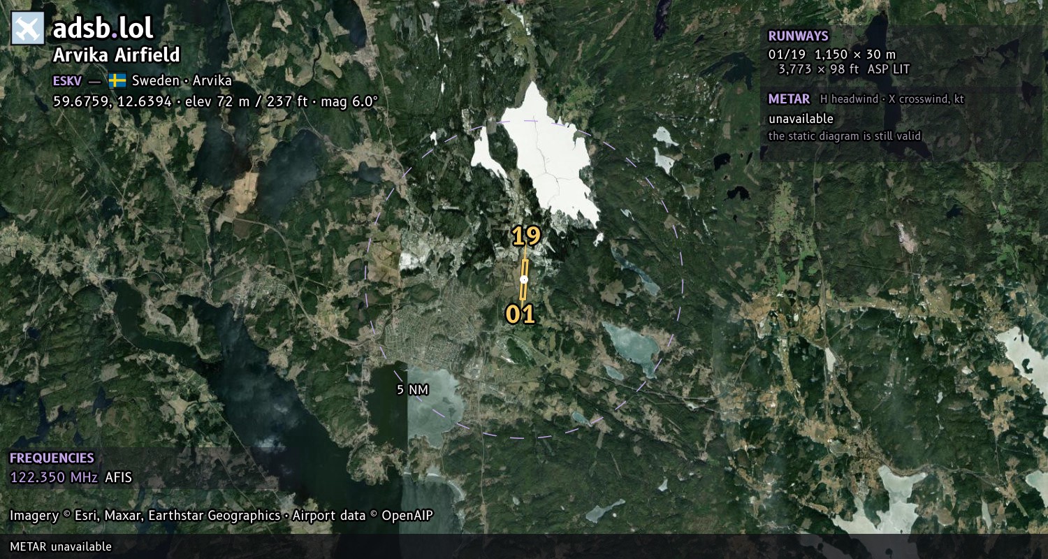 Satellite map with the runway layout of Arvika Airfield (ESKV)