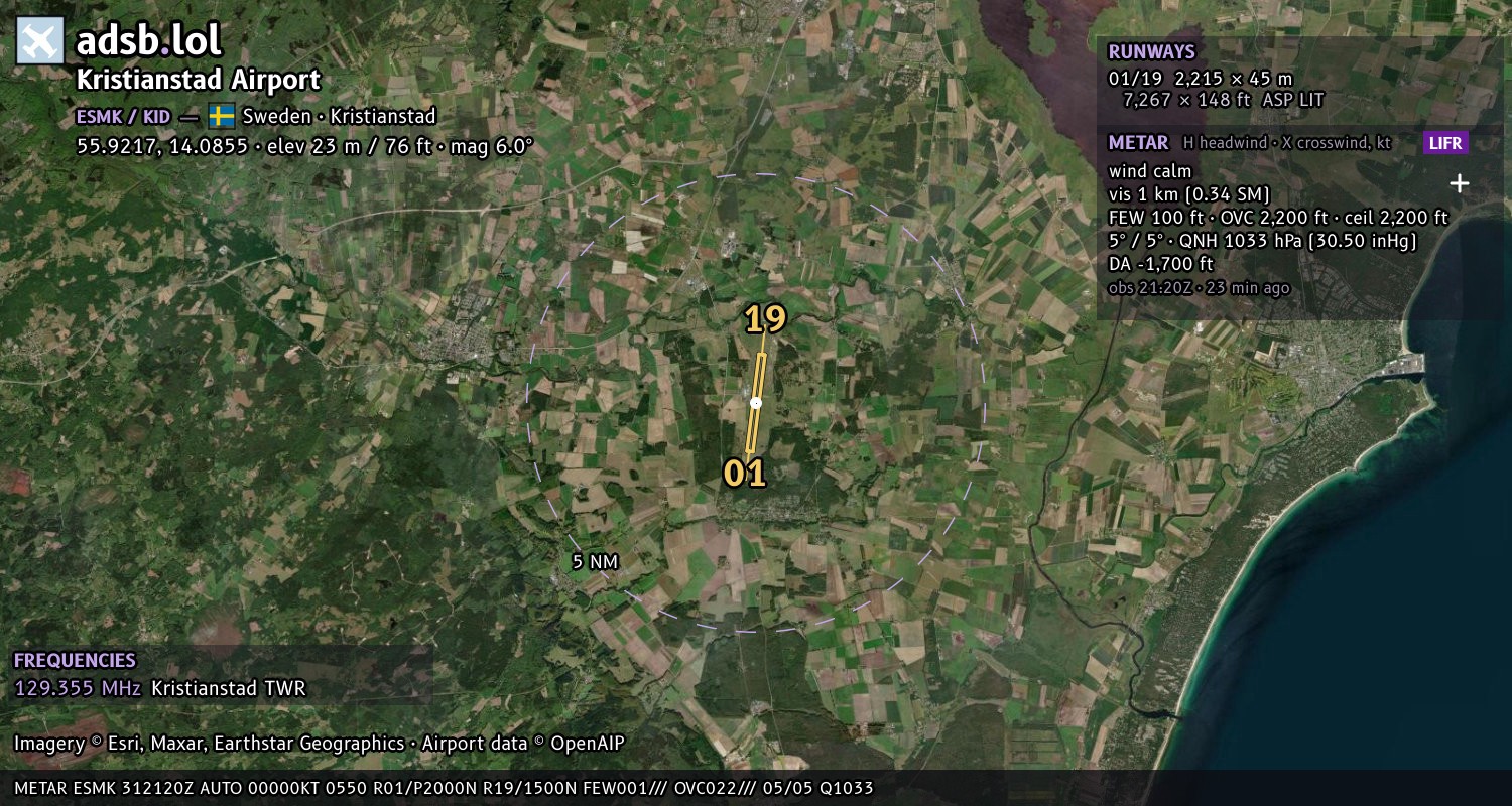 Satellite map with the runway layout of Kristianstad Airport (ESMK)