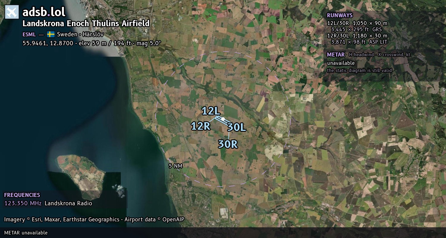 Satellite map with the runway layout of Landskrona Enoch Thulins Airfield (ESML)
