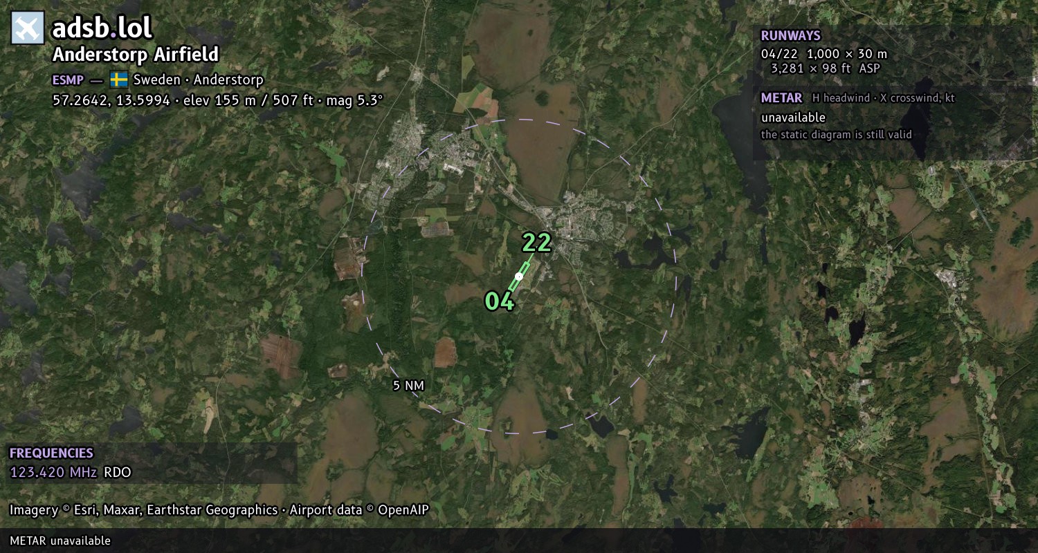 Satellite map with the runway layout of Anderstorp Airfield (ESMP)