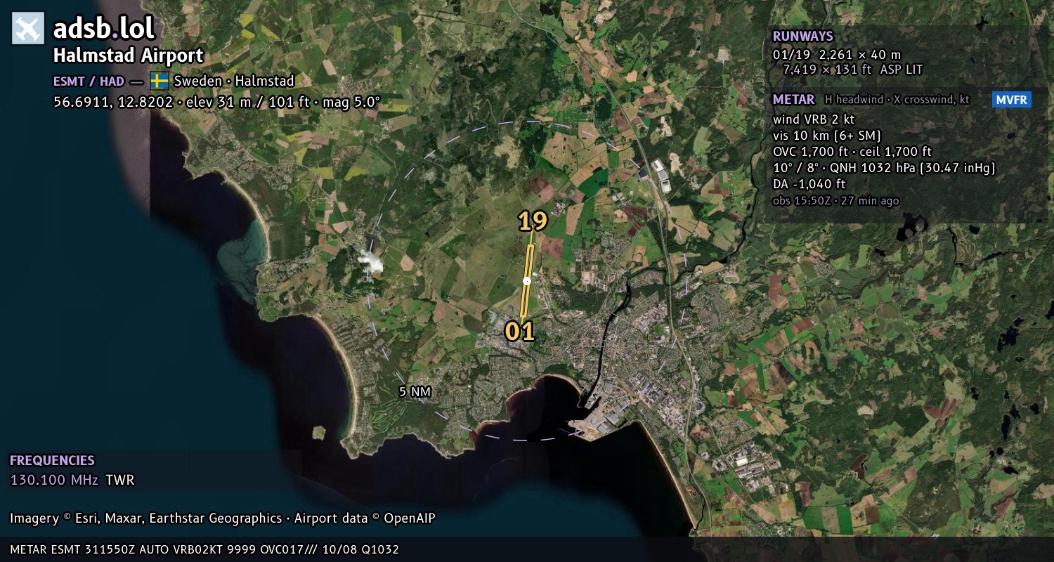Satellite map with the runway layout of Halmstad Airport (ESMT)