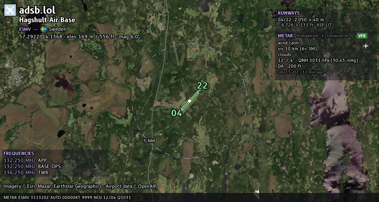 Satellite map with the runway layout of Hagshult Air Base (ESMV)