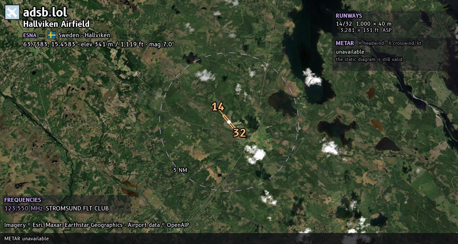Satellite map with the runway layout of Hallviken Airfield (ESNA)
