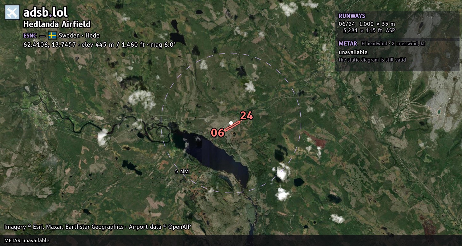 Satellite map with the runway layout of Hedlanda Airfield (ESNC)