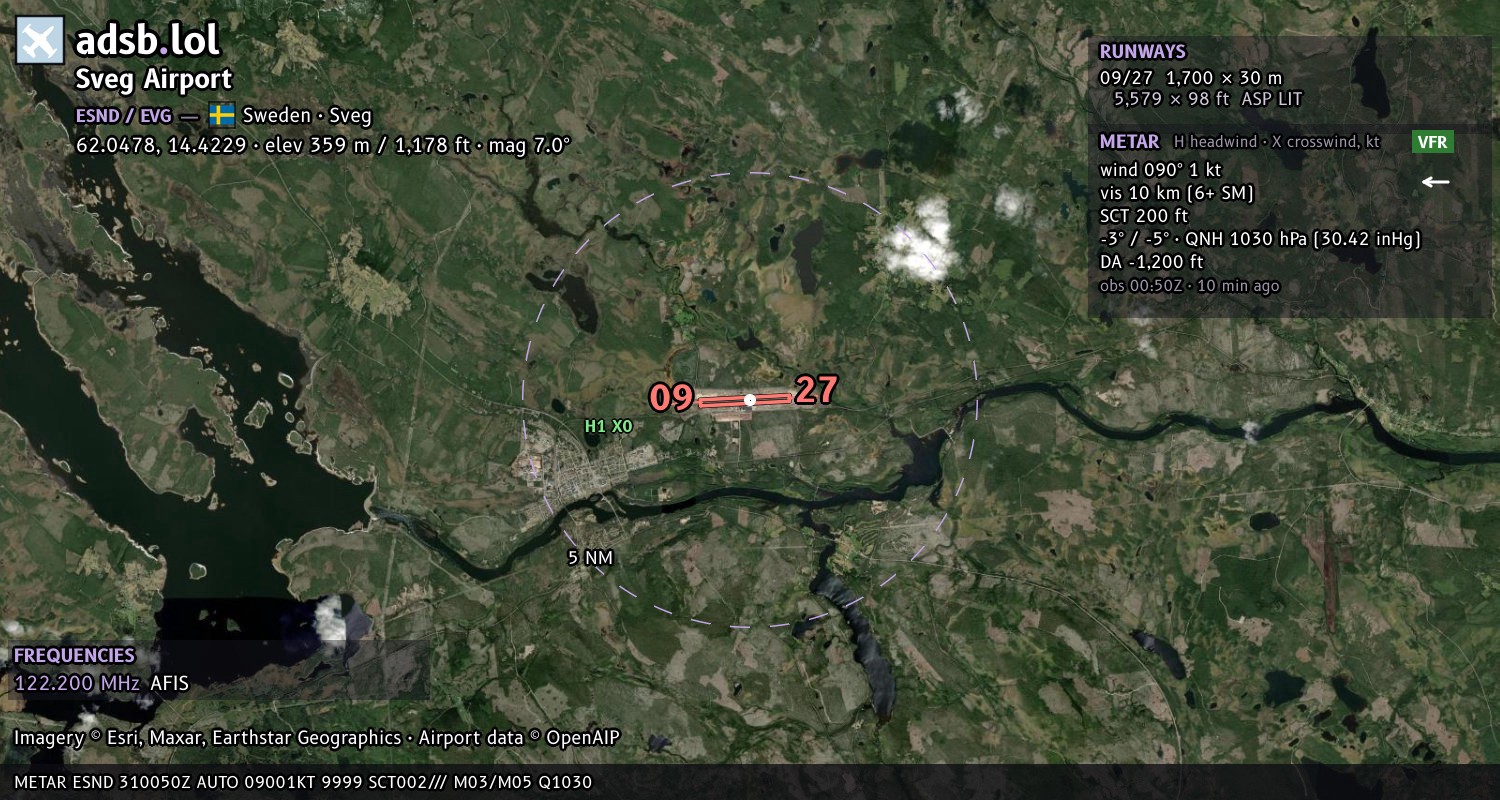 Satellite map with the runway layout of Sveg Airport (ESND)