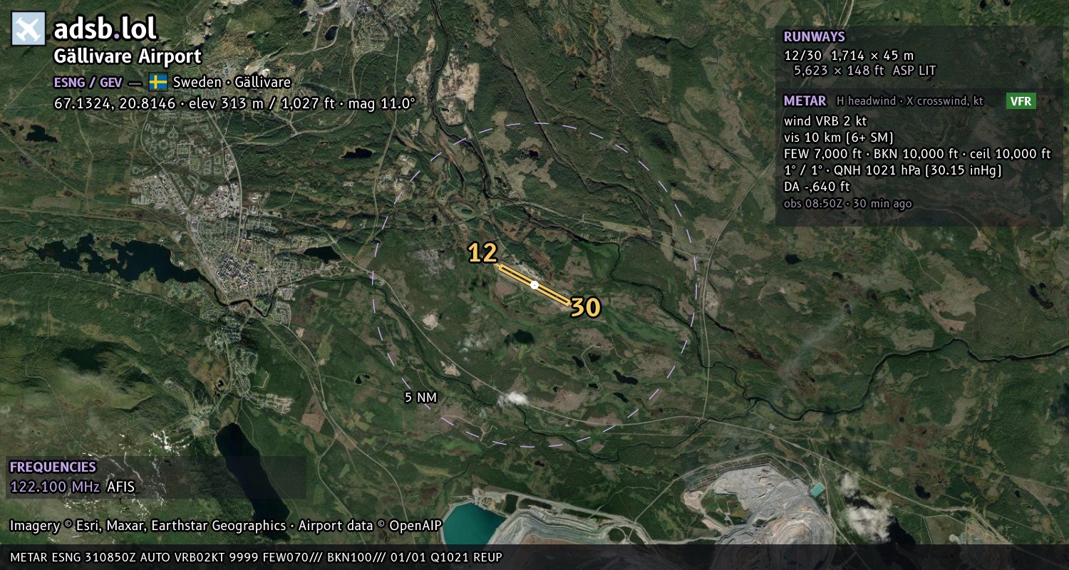 Satellite map with the runway layout of Gällivare Airport (ESNG)