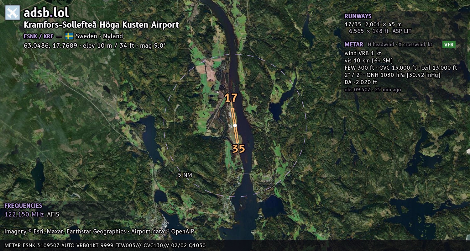 Satellite map with the runway layout of Kramfors-Sollefteå Höga Kusten Airport (ESNK)