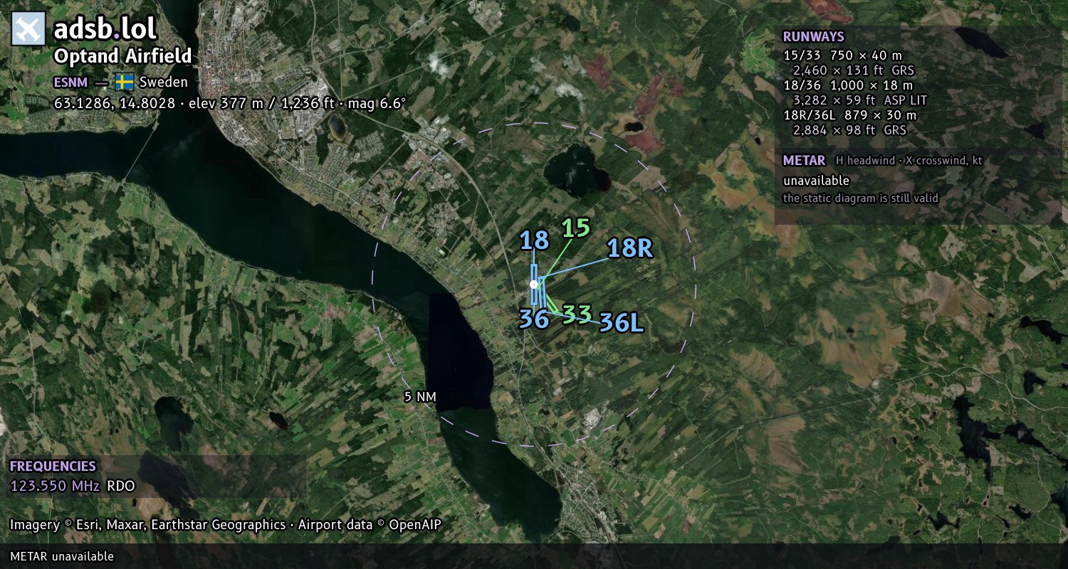 Satellite map with the runway layout of Optand Airfield (ESNM)