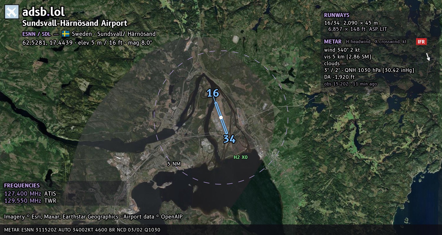 Satellite map with the runway layout of Sundsvall-Härnösand Airport (ESNN)