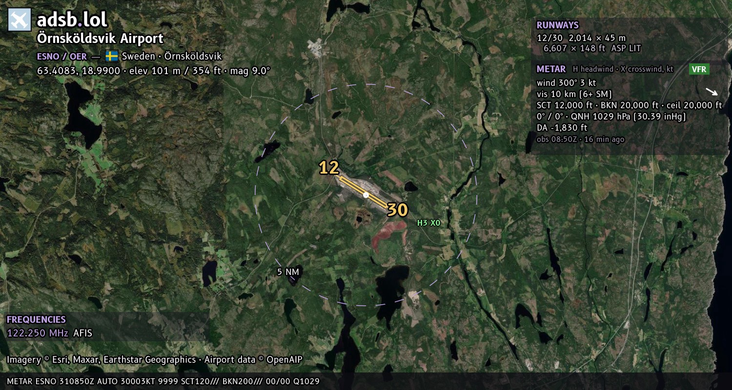 Satellite map with the runway layout of Örnsköldsvik Airport (ESNO)