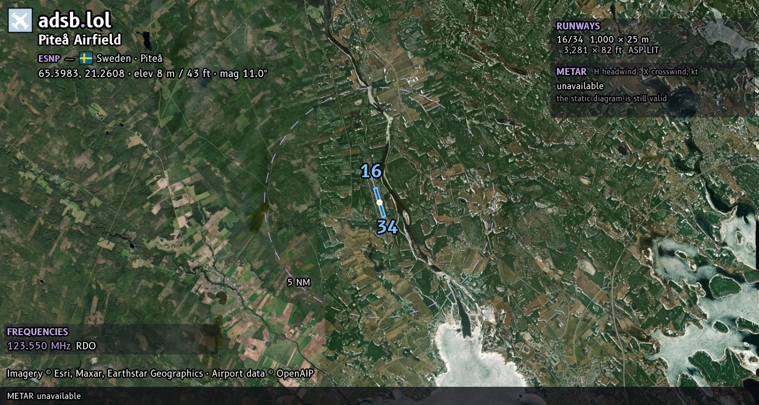 Satellite map with the runway layout of Piteå Airfield (ESNP)